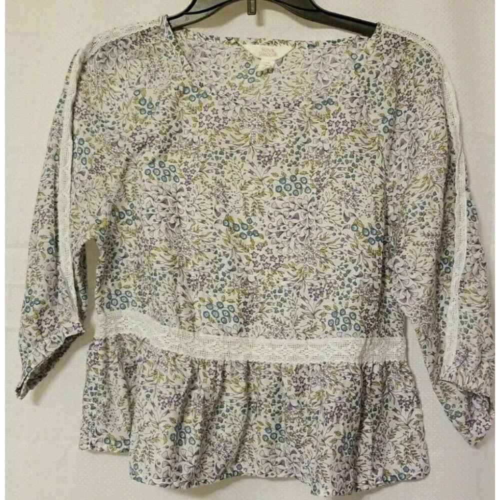 Sun & Shadow Multicolor Floral Peasant‎ Peplum Long Sleeve White Blouse Size XS